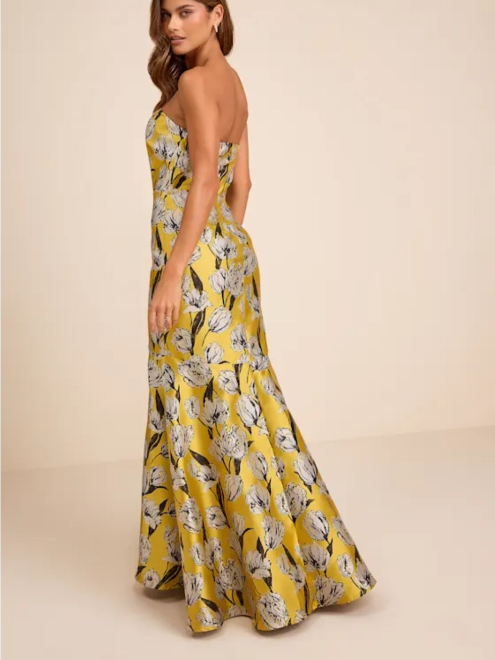 Lulus Gowning Around Yellow Floral Jacquard Strapless Maxi Dress - Picture 3 of 4